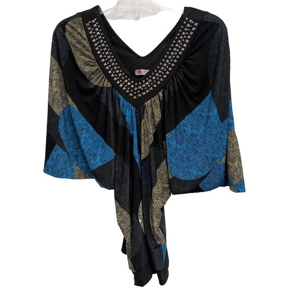 VTG Y2K Latina Womens Blouse Medium Black BLue Studded Dolman Retro Clubwear Top - Picture 1 of 9